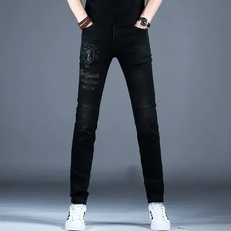 2023男士冬季牛仔裤子黑色简约修身美式刺绣小脚裤棉弹舒适烫钻裤商品大图