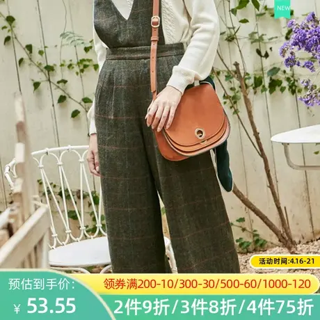 秋水伊人格子背带裤2020秋装新品女装时尚显瘦七分阔腿呢裤子I10图片