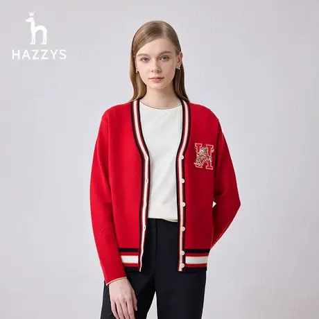 【龙年限定】Hazzys哈吉斯2024春季龙年针织衫女士红色毛衣开衫女图片
