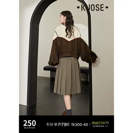 阔色棕色拼接假两件棒球服外套女2023秋季新款泡泡袖针织上衣商品大图