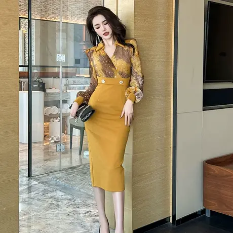 工作装职业POLO领名媛连衣裙女款别致显瘦中长款拼接亮片气质裙子图片