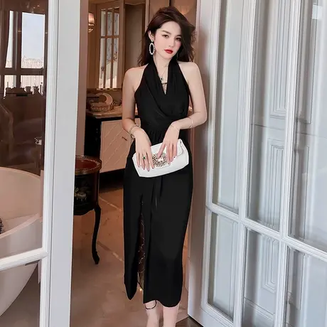 黑色网纱挂脖名媛风别致露背包臀连衣裙夏季女气质收腰聚会晚礼服图片