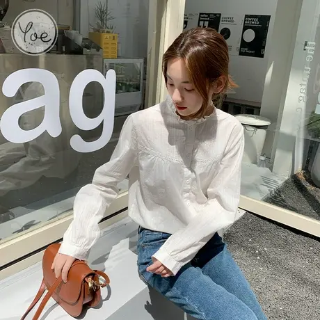 yoe春款打底衫长袖衬衫女蕾丝花边拼接法式白色内搭上衣气质衬衣商品大图