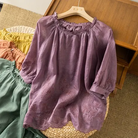 享永子刺绣苎麻上衣女宽松显瘦文艺复古棉麻衬衫小众设计2023新款商品大图