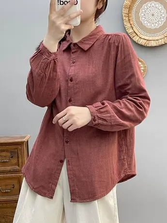 春秋简约复古文艺千鸟小格子双层棉纱长袖衬衫女宽松百搭打底上衣图片