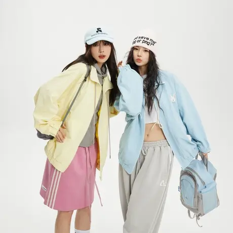 潮牌糖果色立领运动外套女春秋2024新款情侣夹克复古开衫宽松上衣商品大图