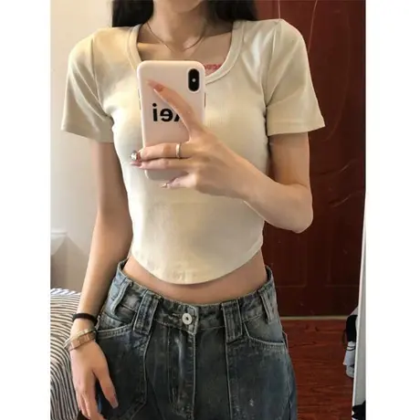夏季纯棉短袖T恤女2024新款修身显瘦打底衫方领正肩短款半袖上衣商品大图