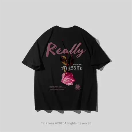 Ohlyah夏季字母涂鸦玫瑰花黑色圆领短袖男美式街头运动纯棉T恤潮图片