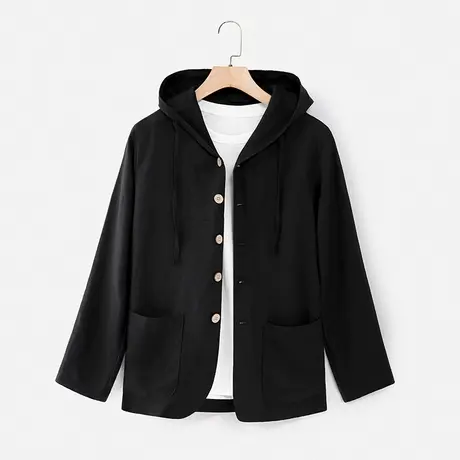 纯麻休闲风衣男士黑色2024年春秋款男装棉麻开衫外套男新款连帽潮图片