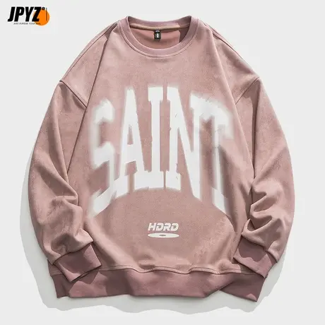 麂皮绒圆领卫衣男春秋眩晕印花潮牌大码宽松衣服2023新款重磅外套商品大图