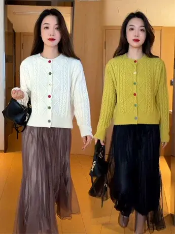 韩版多彩扣麻花毛衣女春季开衫2024年新款气质减龄显瘦百搭针织衫商品大图