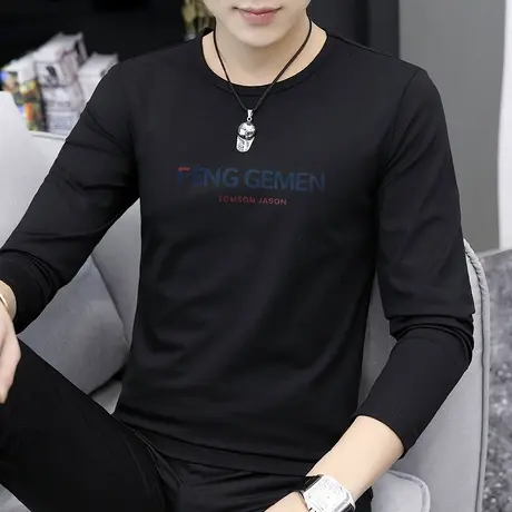 莫代尔秋季长袖t恤男士卫衣圆领潮流黑色打底衫秋衣上衣服男内搭商品大图