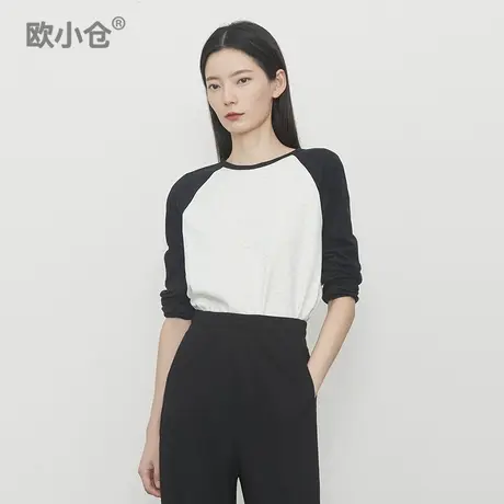 欧小仓 插肩袖拼接长袖圆领T恤 高街 ins风内里抓绒棉感撞色熊猫T商品大图