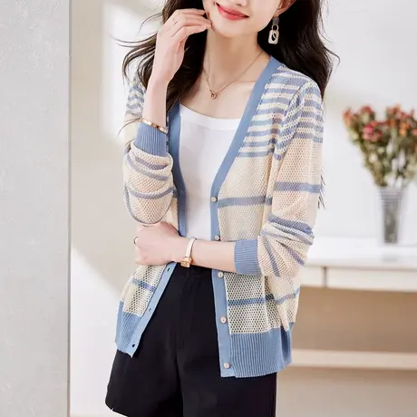 时尚气质淑女格纹针织开衫女士2023年春季新款百搭显瘦休闲风上衣商品大图