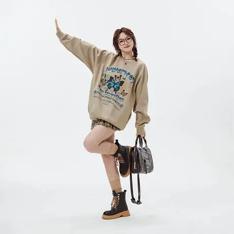 YEP美式复古蝴蝶卫衣女加绒秋冬2023年新款无帽潮牌oversize上衣商品大图