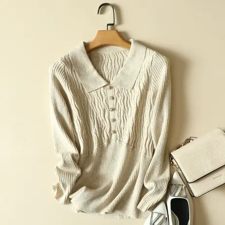 韩版新款小方领树皮提花洋气针织衫女秋冬长袖弹力毛衣打底衫上衣商品大图