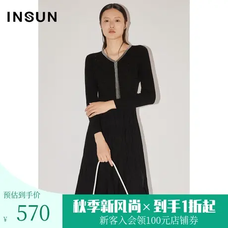[美丽诺]恩裳COVER冬2022优雅大摆裙显瘦黑色羊毛针织连衣裙图片