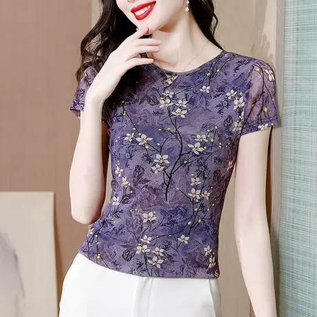 复古气质短袖T恤女洋气减龄漂亮网纱上衣别致妈妈小衫修身半袖商品大图