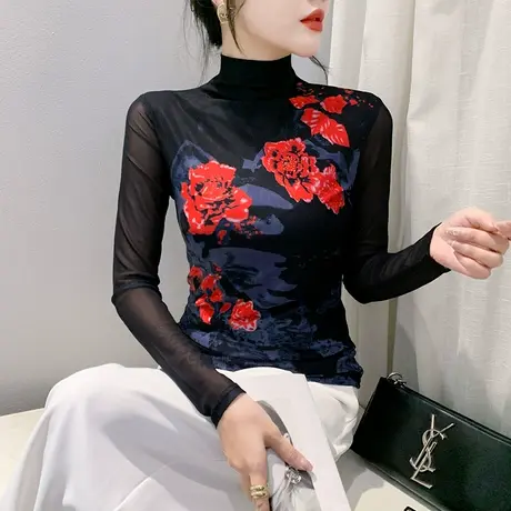 性感半高领T恤女长袖气质减龄网纱扎染印花上衣洋气修身打底衫ins商品大图