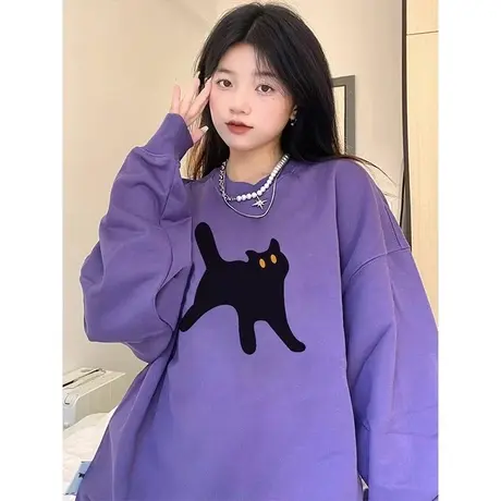 美式复古卫衣女秋冬2023新款爆款oversize设计感小众宽松紫色上衣商品大图