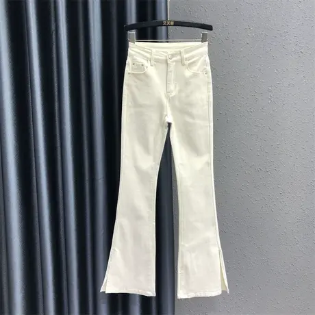 2023秋季新款米白色百搭牛仔微喇裤女高腰显瘦弹力开叉喇叭裤长裤商品大图