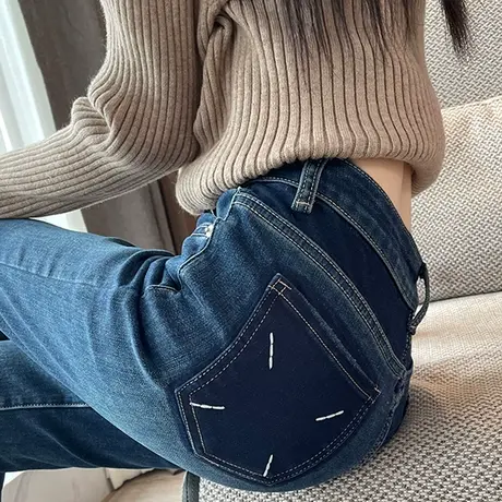加绒蓝色直筒牛仔裤女2023秋冬新款高腰修身显瘦九分小个子烟管裤图片