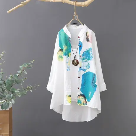 文艺范前短后长印花棉麻衬衫女春秋长袖宽松百搭亚麻外套衬衣开衫图片