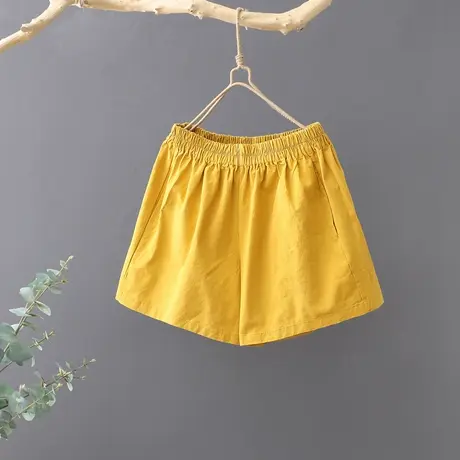 2023夏装新款文艺范棉麻休闲短裤女纯色宽松松紧腰亚麻阔腿裤女裤图片