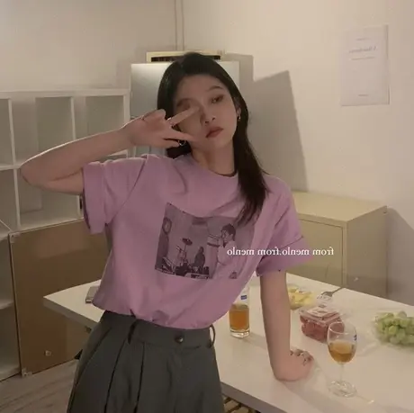 ins超火香芋紫短袖T恤女夏季复古chic半袖体恤宽松学生港风上衣服商品大图