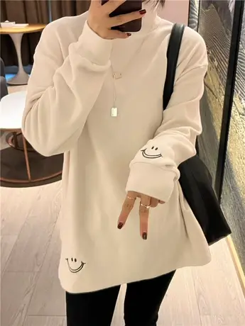 2022新款欧货大版宽松洋气刺绣磨毛加厚T恤女秋冬高领德绒打底衫商品大图