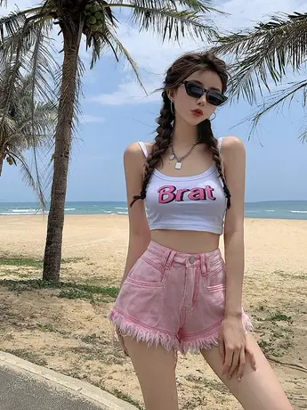 粉色牛仔短裤女夏季新款流苏时尚高腰显瘦甜辣妹学生百搭热裤ins商品大图
