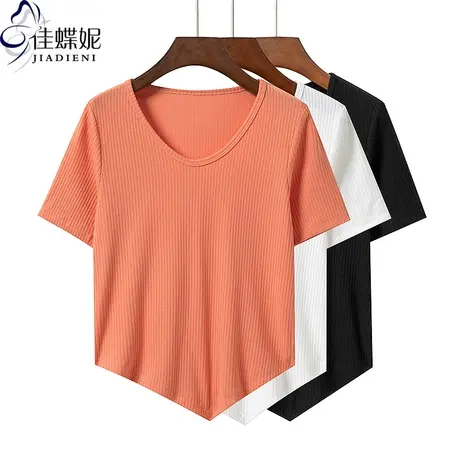 夏新款圆领不规则下摆纯欲宽松休闲纯棉纯色短袖体恤上衣女打底衫商品大图