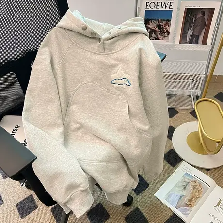 设计感美式复古连帽卫衣女春秋薄款宽松慵懒风chic初秋季外套灰色商品大图