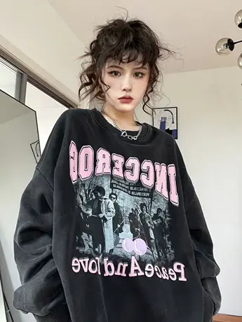 ulzzang外套美式复古大码薄款无帽卫衣女潮ins早秋设计感高街上衣商品大图