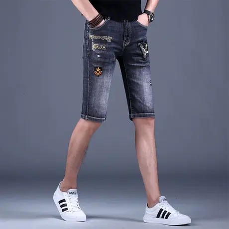 男士五分刺绣牛仔短裤男2023年新款中裤修身裤子休闲弹力秋款潮流商品大图
