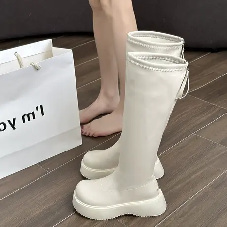 白色长筒骑士靴女靴子2023新款秋冬厚底小个子长靴高筒弹力瘦瘦靴商品大图