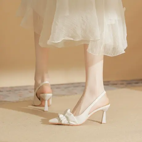 纯色方扣包头凉鞋女2023夏新款尖头细跟单鞋后空高跟鞋商品大图