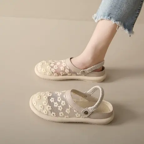 半拖鞋女夏季外穿包头凉鞋一脚蹬网纱蕾丝女鞋舒适孕妇鞋懒人凉拖商品大图