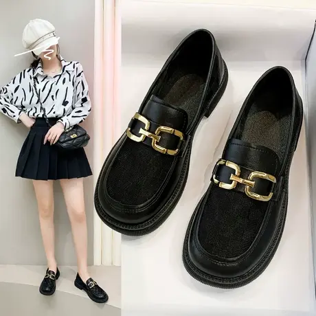 小皮鞋女英伦风黑色平底乐福鞋2023春夏网纱单鞋一脚蹬上班豆豆鞋商品大图
