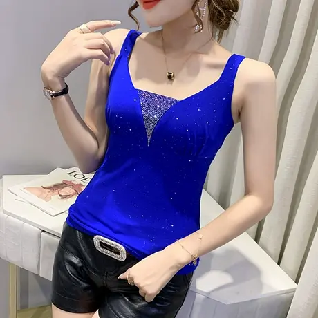 性感小吊带背心女欧货洋气烫钻外穿内搭无袖上衣修身网纱小衫夏装商品大图