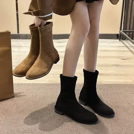 弹力袜靴女2023年新款秋季通勤粗跟瘦瘦靴复古炸街ins马丁小短靴商品大图