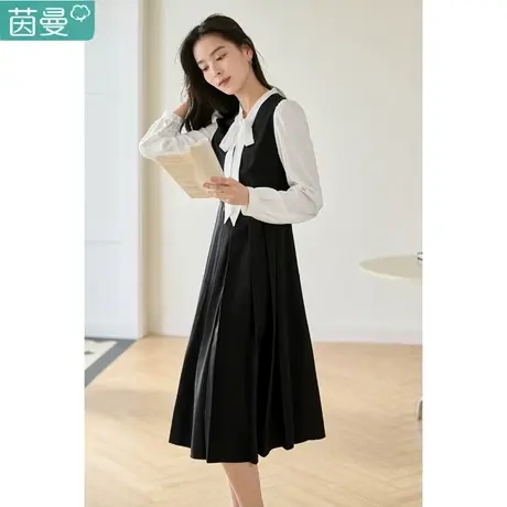 茵曼旗舰店法式撞色假两件连衣裙女士2023春季新款a字裙子长袖图片