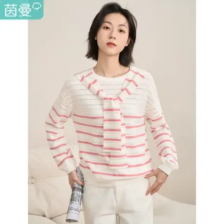 茵曼甜美纯棉圆领毛衣女2023年春季新款温柔条纹披肩宽松显瘦上衣图片