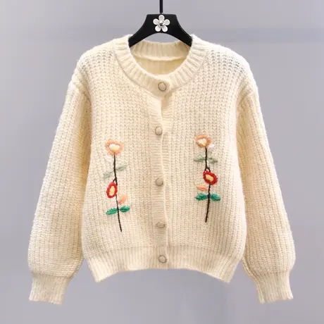 日系复古慵懒刺绣花朵毛衣外套女秋冬2023新款宽松高级感针织开衫商品大图