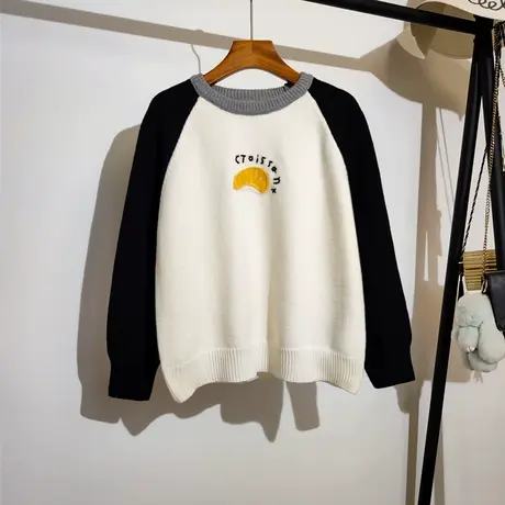 学院风针织衫上衣外穿秋冬新款韩版圆领卡通刺绣毛衣女宽松套头商品大图