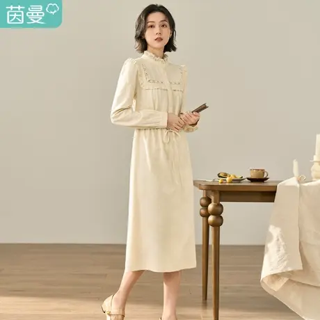 茵曼2023冬女装新款法式田园半高领荷叶拼花边绣花泡泡长袖连衣裙图片