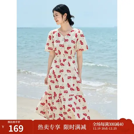 茵曼甜美减龄连衣裙2023夏女装新款茶歇V领泡泡袖收腰碎花长裙商品大图