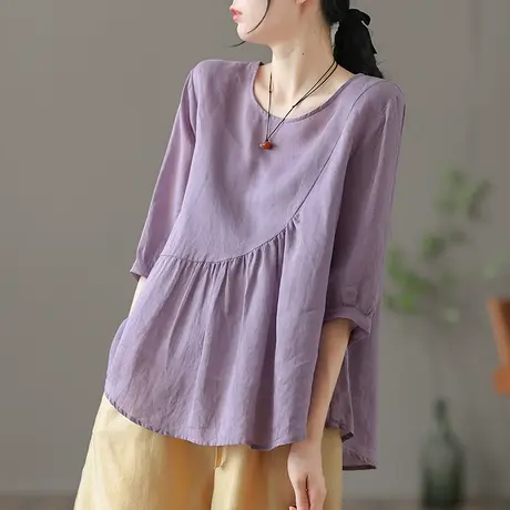 文艺复古120支苎麻短上衣女士短袖打底衬衫夏季薄款套头棉麻衬衣图片