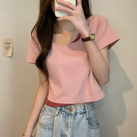 拼接假两件短袖T恤女夏小众设计感辣妹修身显瘦正肩短款体恤上衣图片