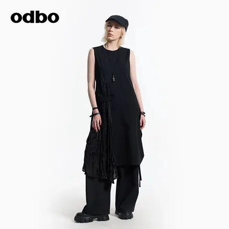 odbo/欧迪比欧连衣裙女25春夏新款不规则拼接褶皱宽松无袖背心裙图片